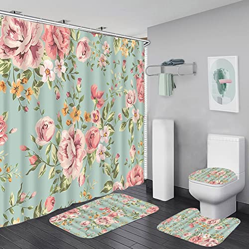 4Pcs Rose Duschvorhang Set mit rutschfesten Teppichen Toilettendeckel und Badematte Valentinstag Blumen Bad Vorhang Wasserdichter Polyester Duschvorhang für Badewanne mit 12 Haken 72x72in (ROSE2) von Bullpiano