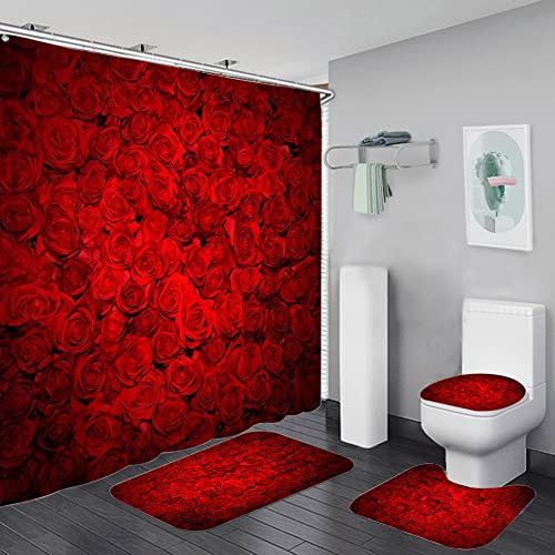 4Pcs Rose Duschvorhang Set mit rutschfesten Teppichen Toilettendeckel und Badematte Valentinstag Blumen Bad Vorhang Wasserdichter Polyester Duschvorhang für Badewanne mit 12 Haken 72x72in (ROSE3) von Bullpiano