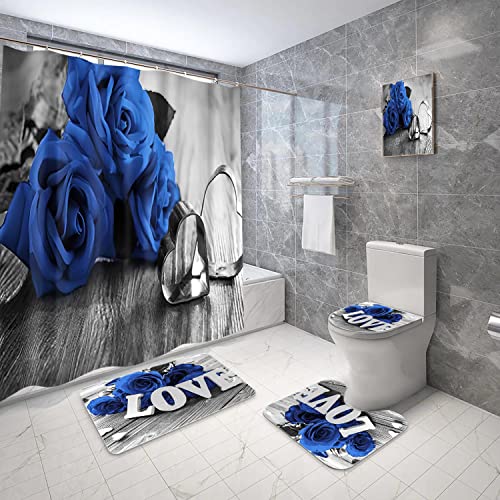 4Pcs Rose Duschvorhang Set mit rutschfesten Teppichen Toilettendeckel und Badematte Valentinstag Duschvorhang-Sets Blumen Bad Vorhang Wasserdichter Polyester Duschvorhang für Badewanne mit 12 Haken von Bullpiano