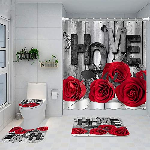 4Pcs Rose Duschvorhang Set mit rutschfesten Teppichen Toilettendeckel und Badematte Valentinstag Duschvorhang-Sets Blumen Bad Vorhang Wasserdichter Polyester Duschvorhang für Badewanne mit 12 Haken von Bullpiano