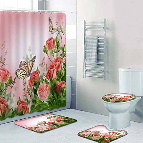 4-teiliges Blumenduschvorhang-Set mit rutschfestem Teppich, Toilettendeckelabdeckung Badematte wasserdichtem Duschvorhang für Schmetterlinge Blumen Badeduschvorhang für Badezimmer von Bullpiano