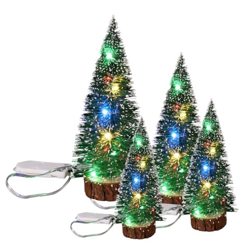 Bullpiano Kleiner Weihnachtsbaum mit Lichtern, 4 Stück, 15–30 cm, Miniatur-Kiefer mit Schnee und Holzsockel, beleuchtete Mini-Weihnachtsbäume, Tisch-Sisalbäume, Weihnachtsdekoration, Weihnachtsschmuck von Bullpiano