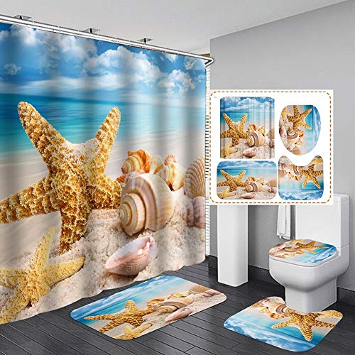 Bullpiano Seastar Duschvorhang Set Muscheln Seestern Strand Bad Duschvorhang mit rutschfesten Teppichen Toilettendeckel und Badematte, Stoff Wasserdichtes Badezimmerzubehör Set mit Vorhanghaken (E) von Bullpiano