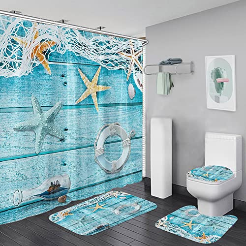 Bullpiano Seastar Duschvorhang Set Muscheln Seestern Strand Bad Duschvorhang mit rutschfesten Teppichen Toilettendeckel und Badematte, Stoff Wasserdichtes Badezimmerzubehör Set mit Vorhanghaken (F) von Bullpiano