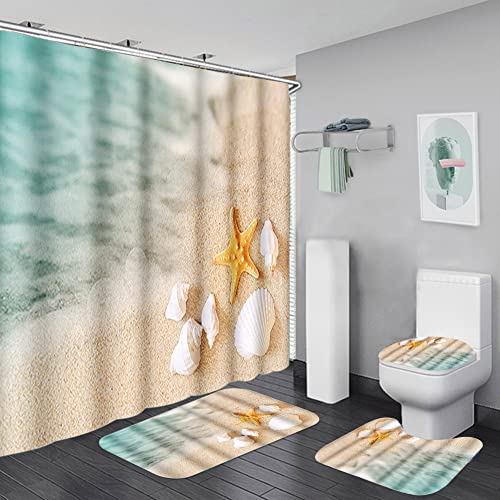 Bullpiano Seastar Duschvorhang Set Muscheln Seestern Strand Bad Duschvorhang mit rutschfesten Teppichen Toilettendeckel und Badematte, Stoff Wasserdichtes Badezimmerzubehör Set mit Vorhanghaken (J) von Bullpiano