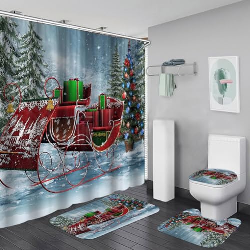 Bullpiano Weihnachts-Duschvorhänge-Set, 4-teilig, Weihnachts-Badezimmer-Set mit rutschfestem Teppich, WC-Deckelbezug und Badematte, Weihnachtsdekoration, wasserdichter Weihnachts-Duschvorhang, von Bullpiano