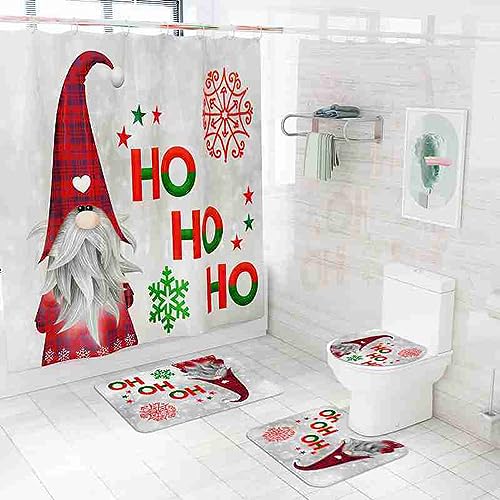 Bullpiano Weihnachts-Duschvorhänge-Set, 4-teilig, Weihnachts-Badezimmer-Set mit rutschfestem Teppich, WC-Deckelbezug und Badematte, Weihnachtsdekoration, wasserdichter Weihnachts-Duschvorhang, von Bullpiano