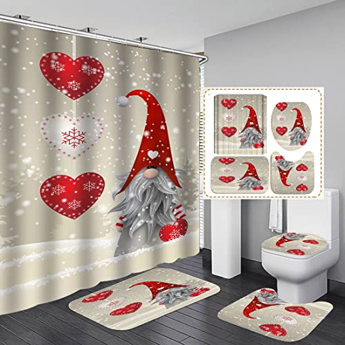 Weihnachts-Duschvorhang-Set, 4-teilig, Rutschfester Teppich, Badematte und WC-Deckelbezug, rote Bälle, Badezimmer-Dekor mit 12 Haken von Bullpiano