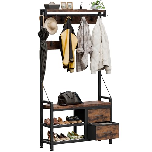Buluri Garderobenständer, Schuhregal mit Sitzfläche und 2 Schubladen, Kleiderständer mit 17 Abnehmbaren Haken, 5 In 1 Design, Metallrahmen, für Flur, Wohnzimmer, Eingänge (Rustikal Braun) von Buluri