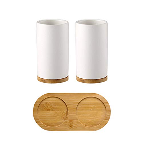 BulzEU - Keramik Seifenspender Zahnbürstenhalter Becher mit Bambus Ständer Badezimmer Zubehör Set - Seifenspender mit Pumpe, Zahnbürste Tasse Becher Caddy (2 Tassen) von BulzEU -