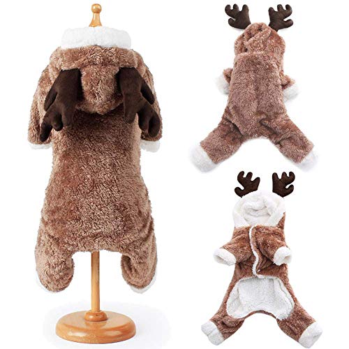 BULZEU Niedlicher Hund Weihnachtskleidung Hoodie Winter Warm Rentier Hirsch Elch Haustier Kostüm Coral Fleece Mantel für Katzen & Hunde Welpe Xmas Verkleidung für Teddy, Yorkshire Terrier, Chihuahua von BULZEU