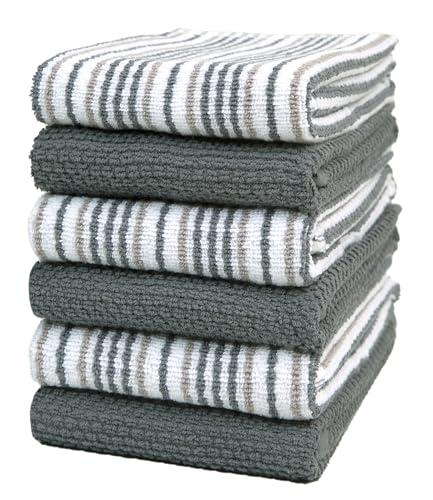 Bumble Towels 6er Pack Große Küchenhandtücher mit Popcornstruktur/Gestreift & Einfarbig /40 x 66 cm / 16” x 26”/Aus Dicker, Kuscheliger 100% Ringspinn-Baumwolle/Luxux-Handtücher (Grau) von Bumble Towels