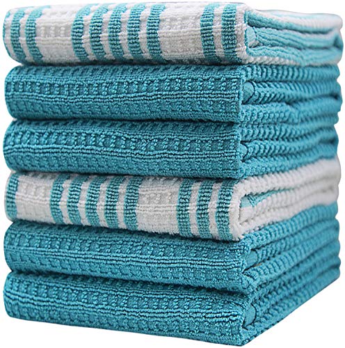 Bumble Towels 6er Pack große Geschirrhandtücher / 16” x 26” / 40 x 71 cm / 3 x garngefärbtes + 3 x einfarbig/Baumwoll-Handtücher/Set aufeinander abgestimmte Küchenhandtücher/Edel & weich (Aqua) von Bumble Towels