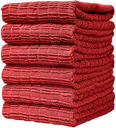 Bumble Towels 6er Pack große Geschirrhandtücher / 16” x 28” / 40 x 71 cm / 6 Handtücher gerippt und kariert/Baumwoll-Handtücher/Aufeinander abgestimmte Geschirrhandtuch-Sets/Edel und weich (Rot) von Bumble Towels