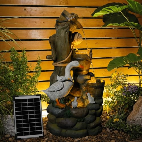 Solar-Wasserbrunnen für den Garten, 81 cm 3-stufiger Wasserfall aus Fässern mit Entenherdeund mit LED Beleuchtung Für Garten, Terrasse, Hinterhof, Veranda und Wohnraumgestaltung von Bumilgar