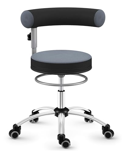 Sanus®-Gesundheitsstuhl | Rollhocker mit 360° Lehne, höhenverstellbarer Lehne, Sitzhöhe (42-51 cm), Stoffbezug grau/schwarz, Rollstopp-Rollen. Ergonomischer Bürostuhl, Erzieherstuhl von Sanus