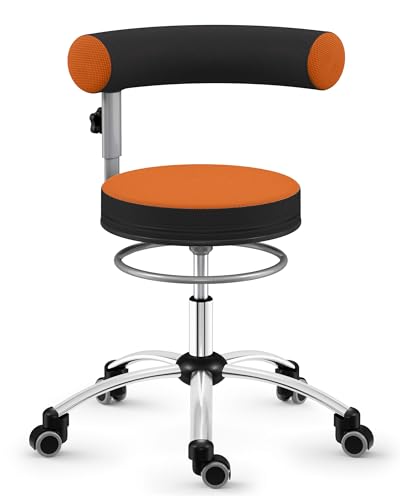 Sanus®-Gesundheitsstuhl | Rollhocker mit 360° Lehne, höhenverstellbarer Lehne, Sitzhöhe (42-51 cm), Stoffbezug orange/schwarz, Rollstopp-Rollen. Ergonomischer Bürostuhl, Erzieherstuhl von Sanus