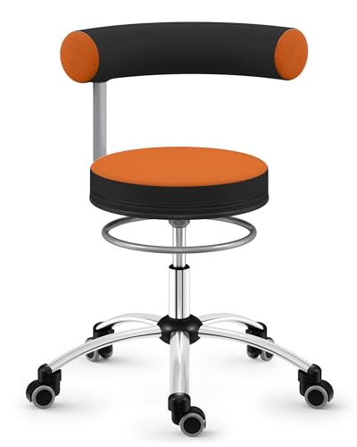 Sanus®-Gesundheitsstuhl | Rollhocker mit 360° Lehne, Fester Lehne, Sitzhöhe niedrig (36-43 cm), Stoffbezug orange/schwarz, Rollstopp-Rollen. Ergonomischer Bürostuhl, Erzieherstuhl von Sanus