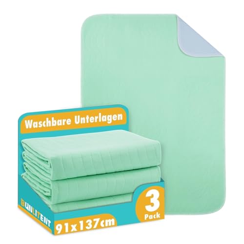 Bunlitent Inkontinenzunterlage waschbar 91x137 cm, Inkontinenz Bettunterlage 3er-Set, Wiederverwendbare Saugfähig und Wasserdicht Matratzenschoner von Bunlitent