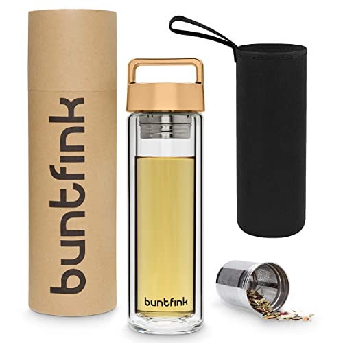 Buntfink 2goBottle Teeflasche aus Glas mit Sieb,Teebereiter to go, Trinkflasche mit Teesieb für Tee oder Wasser, Thermoflasche/Teekanne (doppelwandig) - Gold (kupfern) von Buntfink