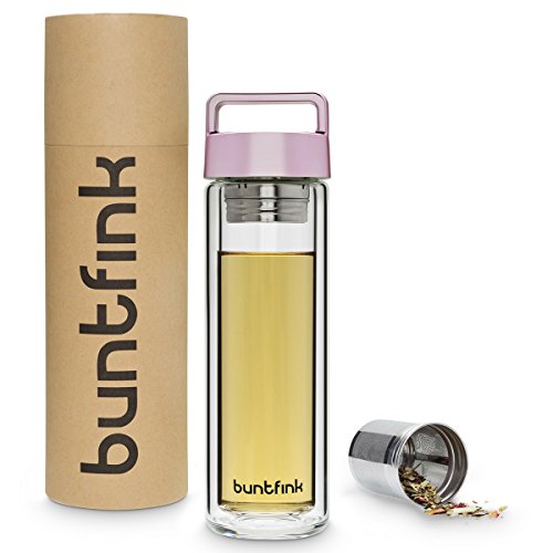 Buntfink 2goBottle Teeflasche aus Glas mit Sieb,Teebereiter to go, Trinkflasche mit Teesieb für Tee oder Wasser, Thermoflasche/Teekanne (doppelwandig) - Roségold (rosa) von Buntfink