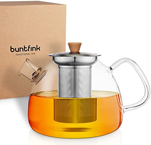 buntfink®„TeaPot“ Teekanne Glas mit Siebeinsatz für 1.300 ml I Glasteekanne mit Siebeinsatz aus Borosilikatglas I Teekanne mit Siebeinsatz und herausnehmbarer Filter Edelstahlsieb von buntfink