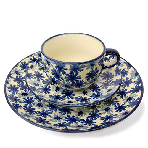 Bunzlauer Kaffee-Gedeck mit Tasse, Untertasse und Teller 21,5 cm (Dekor Kornblumen) von Bunzlauer keramik