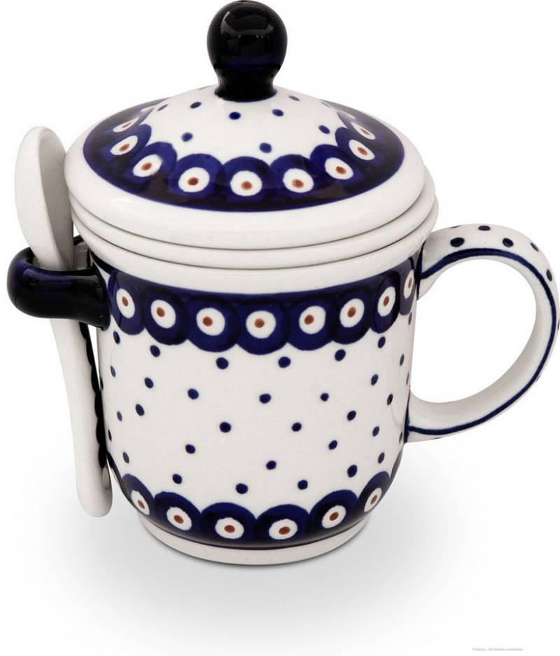 Bunzlauer Keramik Becher Bunzlauer Keramik 270ml Teebecher mit Deckel, Teesieb, Löffel Dekor 28, Keramik von Bunzlauer Keramik