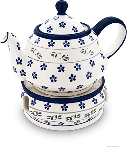 Original Bunzlauer Keramik 1,5 Liter Teekanne mit Stövchen im Dekor 163a von Bunzlauer Keramik