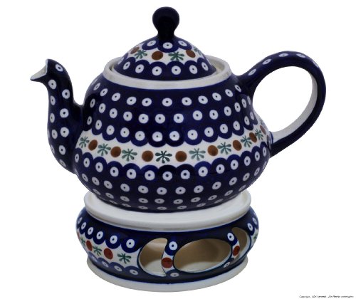 Original Bunzlauer Keramik Teekanne 1,5 Liter mit integriertem Sieb und Stövchen im Dekor 41 von Bunzlauer keramik