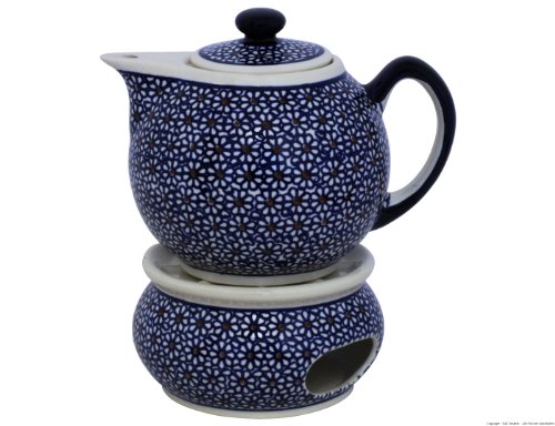 Original Bunzlauer Keramik - moderne Teekanne mit Stövchen 1.00 Liter im Retro-Dekor 120 von Bunzlauer keramik