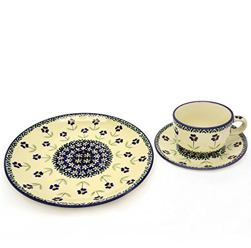 Bunzlauer Frühstücks-Gedeck Teller und Tasse mit Untertasse, Dekor Angelika (2 Stück, Keramik, weiß und hellblau, Frühstücksset) von Bunzlauer keramik