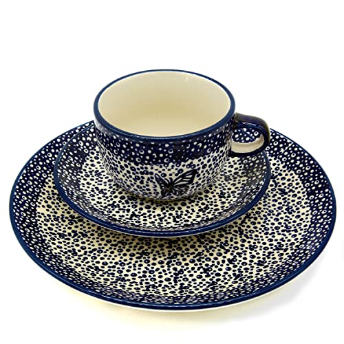 Bunzlauer Kaffee-Gedeck mit Tasse, Untertasse und Teller 21,5 cm (Dekor Blauer Falter) von Bunzlauer keramik