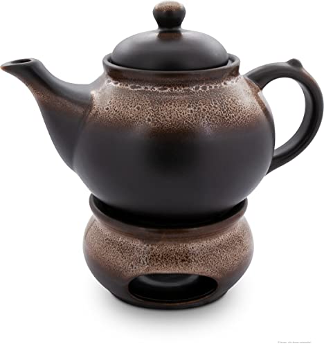 Bunzlauer Keramik 1,25L Teekanne mit Stövchen – Klassische, rundliche Form mit elegant geschwungenem Ausguss, Dekor ZACIEK braun (Bauernkeramik) von Bunzlauer keramik