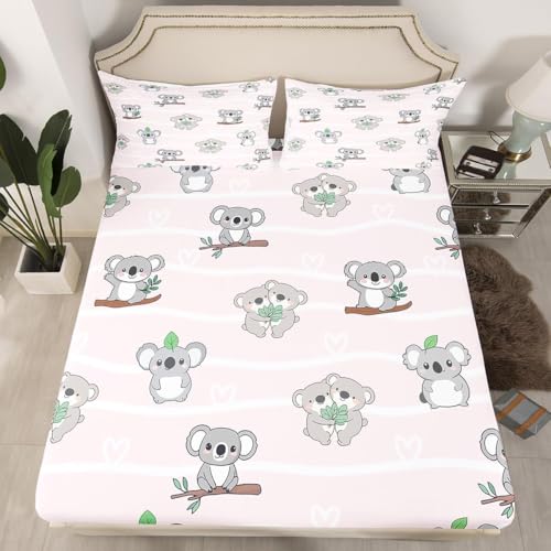 3D Spannbettlaken 140x200 Tier-Koala Bettlaken Weiches Atmungsaktiv Spannbetttücher Niedliche Koalas Mikrofaser Spannbetttuch Tiefe Tasche 30 cm Mit 2 Kissenbezügen 80x80 cm q.3458 von Buohwiwe