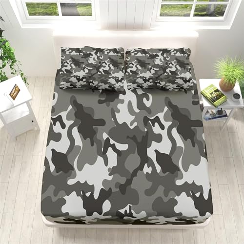 3D Spannbettlaken 160x200 Camouflage Bettlaken Weiches Atmungsaktiv Spannbetttücher Camouflage Mikrofaser Spannbetttuch Tiefe Tasche 30 cm Mit 2 Kissenbezügen 80x80 cm aaa6930 von Buohwiwe