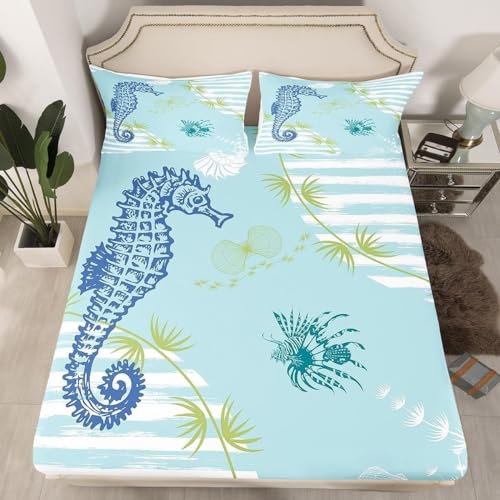 3D Spannbettlaken 160x200 Seepferdchen Bettlaken Weiches Atmungsaktiv Spannbetttücher Seepferdchen Mikrofaser Spannbetttuch Tiefe Tasche 30 cm Mit 2 Kissenbezügen 80x80 cm ii1517 von Buohwiwe