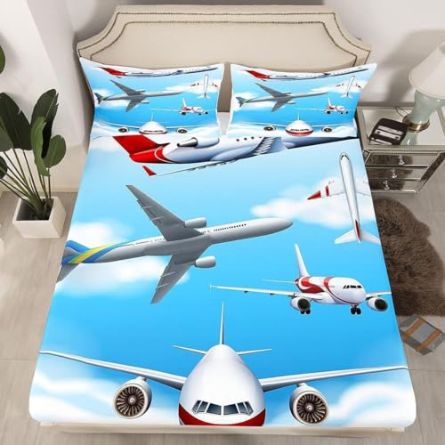 3D Spannbettlaken 90x200 Flugzeug Bettlaken Weiches Atmungsaktiv Spannbetttücher Flugzeug Mikrofaser Spannbetttuch Tiefe Tasche 30 cm Mit 2 Kissenbezügen 80x80 cm ii9561 von Buohwiwe