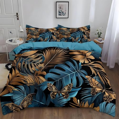 Bettwäsche 135x200 4teilig Monstera-Palmenblätter Bettbezug 135 x 200 cm Partnerbettwäsche-Set 3D Goldblau Weich Mikrofaser Wendebettwäsche mit Reißverschluss und 2 Kissenbezüge a.1829 von Buohwiwe