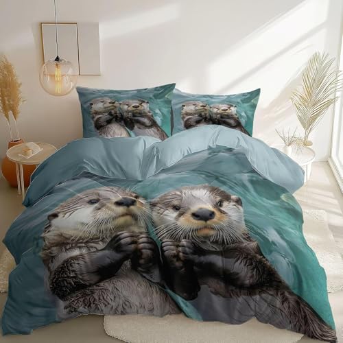 Bettwäsche 135x200 4teilig Otter Bettbezug 135 x 200 cm Partnerbettwäsche-Set 3D Niedliche Tiere Weich Mikrofaser Wendebettwäsche mit Reißverschluss und 2 Kissenbezüge a.44 von Buohwiwe