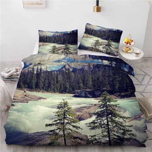 Bettwäsche 135x200 4teilig Waldfluss Bettbezug 135 x 200 cm Partnerbettwäsche-Set 3D Landschaft Weich Mikrofaser Wendebettwäsche mit Reißverschluss und 2 Kissenbezüge a.1864 von Buohwiwe