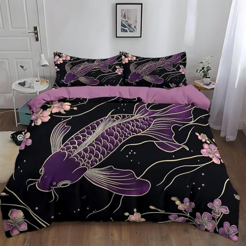 Bettwäsche 135x200 Kinder Japanischer Fisch/Kirschblüte Bettbezug 135 x 200 cm 2 Teilig Wendebettwäsche 3D Lila und Schwarz Weich Mikrofaser Bettwäsche-Sets und 1 Kissenbezüge a.36 von Buohwiwe