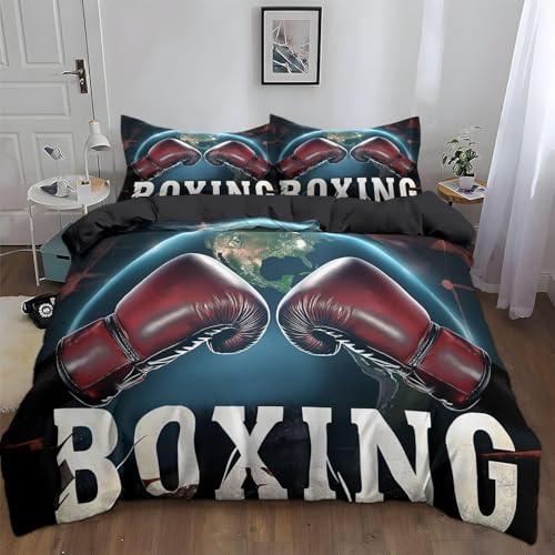 Bettwäsche 155x220 Boxhandschuhe Bettbezug 155 x 220 cm 3 Teilig Wendebettwäsche 3D Sportmotiv Weich Mikrofaser Bettwäsche-Sets mit Reißverschluss und 2 Kissenbezüge a.900 von Buohwiwe