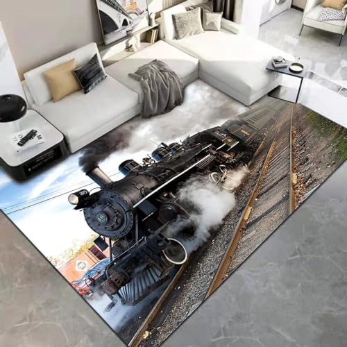 Buohwiwe 3D Teppich Dampflokomotive - Modern Schlafzimmer Flanell Teppich Dampflokomotive Wohnzimmer Teppich - Dekoration Carpet rutschfeste Teppiche 120 x 170 cm von Buohwiwe