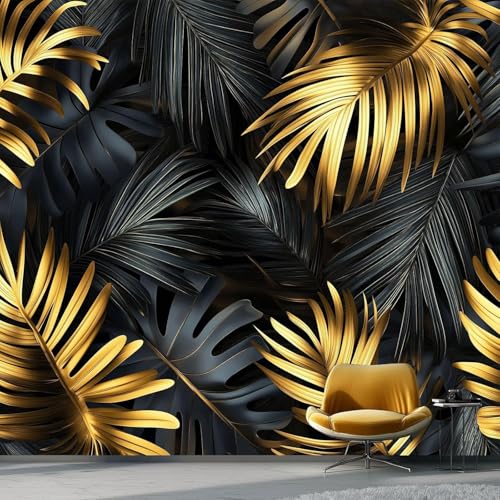Fototapete Schwarz-Goldene Palmenblätter Tapete 350 x 256 cm (WxH) Fototapeten Schlafzimmer Wohnzimmer Moderne 3D Effekt Wandtapete Palmblätter Vliestapete Wand Dekoration Poster Foto Tapeten q.4520 von Buohwiwe