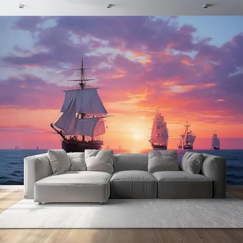 Fototapete Segelboot-Meereslandschaft Tapete 300 x 210 cm (WxH) Fototapeten Schlafzimmer Wohnzimmer Moderne 3D Effekt Wandtapete Sonnenuntergang Vliestapete Wand Dekoration Poster Foto Tapeten q.5599 von Buohwiwe
