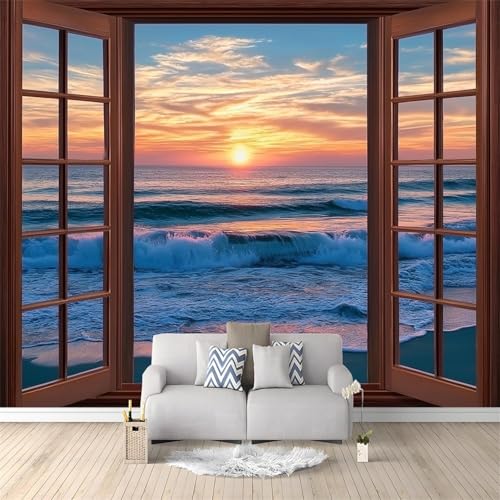 Fototapete Strandlandschaft Tapete 200 x 140 cm (WxH) Fototapeten Schlafzimmer Wohnzimmer Moderne 3D Effekt Wandtapete Meeresfenster Vliestapete Wand Dekoration Poster Foto Tapeten q.5318 von Buohwiwe