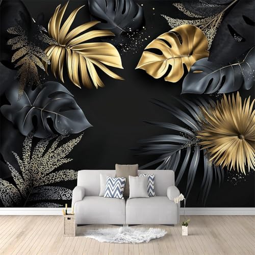 Fototapete Tropische Palmenblätter Tapete 450 x 315 cm (WxH) Fototapeten Schlafzimmer Wohnzimmer Moderne 3D Effekt Wandtapete Schwarzgoldene Vliestapete Wand Dekoration Poster Foto Tapeten q.4685 von Buohwiwe