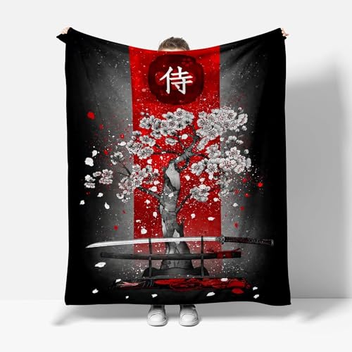 Kuscheldecke Flauschig 200x200 Japanischer Stil 3D Decke Sakura Samurai Flanell Fleecedecke Weich und Warme Wohndecken Kuscheldecken Sofa Bett Überwurfdecke Sofadecke Couch Blanket 1104Y von Buohwiwe