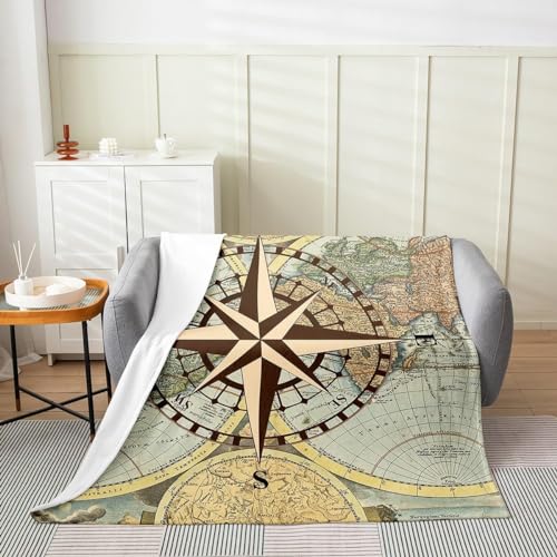 Kuscheldecke Flauschig Kompass 3D Decke 180x200 Retro-Karte Wohndecke Navigation Weich und Warme Flanell Fleecedecke für Sofadecke Couchdecke Tagesdecke 4029m von Buohwiwe